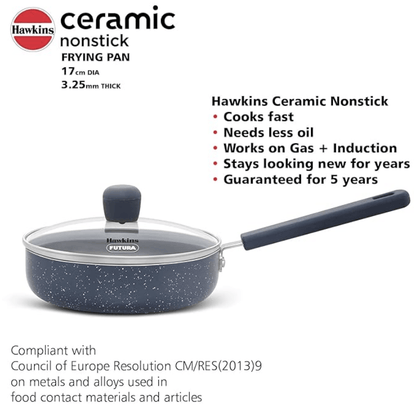 Hawkins Ceramic Nonstick Frying Pan, 17 cm Diameter, Induction Fry Pan with Glass Lid, Granite Omlette Egg Pan, Fish Pan (ICF17G)