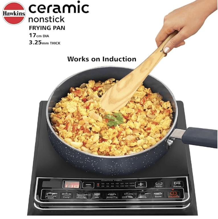 Hawkins Ceramic Nonstick Frying Pan, 17 cm Diameter, Induction Fry Pan with Glass Lid, Granite Omlette Egg Pan, Fish Pan (ICF17G)