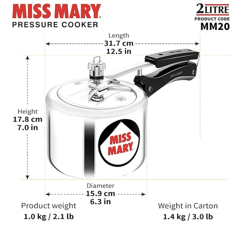 Hawkins Miss Mary Inner Lid Aluminium Pressure Cooker, 2 Litre, Silver (MM20)-2