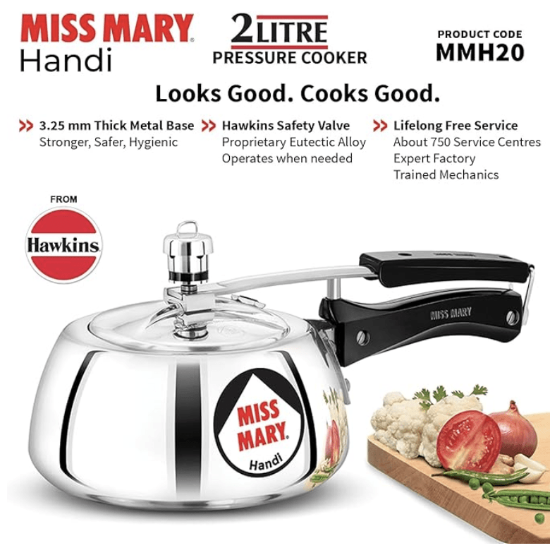 हॉकिन्स मिस मैरी 2 लीटर हांडी इनर लिड एल्युमीनियम प्रेशर कुकर, छोटा कुकर, सिल्वर (MMH20) 