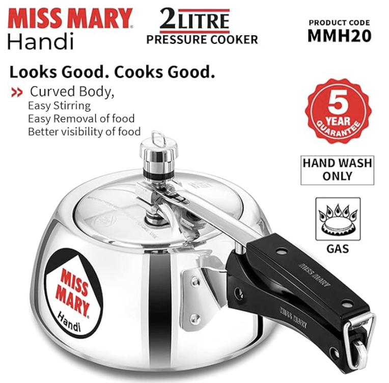 Hawkins Miss Mary 2 Litre Handi Inner Lid Aluminium Pressure Cooker, Small Cooker, Silver (MMH20)-2