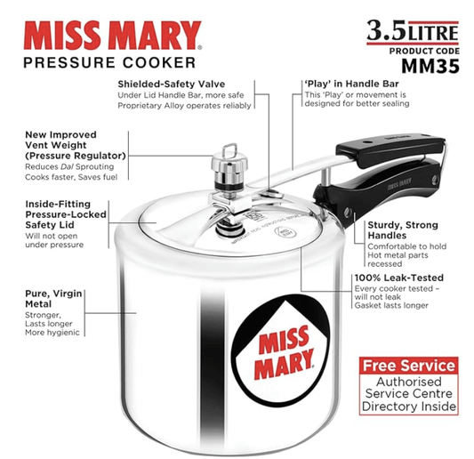 Hawkins 3.5 Litre Miss Mary Pressure Cooker, Inner Lid Cooker, Silver (MM35)