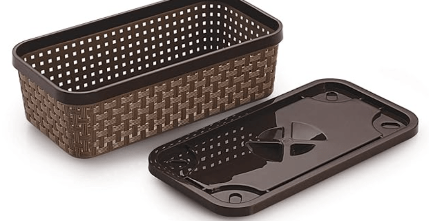 Nakoda 000 Dune Storage Basket With Lid Multipurpose Use for Kitchen & Home Organiser Box for Fruits Vegetables, Toys, Stationary items, Color May Vary, (254 x 134 x 83)