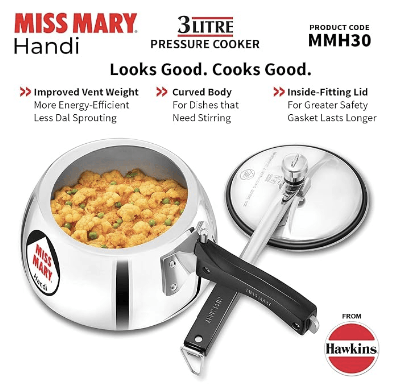 Hawkins Miss Mary Handi Pressure Cooker, 3 Litre, Silver (MMH30)