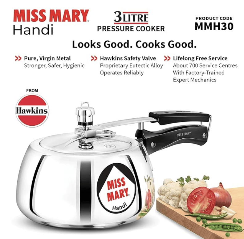 Hawkins Miss Mary Handi Pressure Cooker, 3 Litre, Silver (MMH30)