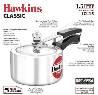 Hawkins 1.5 Litre Classic Pressure Cooker, Induction Inner Lid Cooker, Pan Cooker, Best Cooker, Silver (ICL15) (Aluminium)