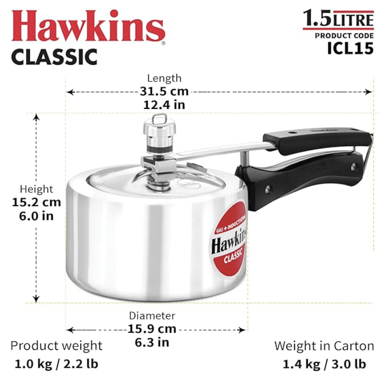 Hawkins 1.5 Litre Classic Pressure Cooker, Induction Inner Lid Cooker, Pan Cooker, Best Cooker, Silver (ICL15) (Aluminium)