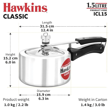 Hawkins 1.5 Litre Classic Pressure Cooker, Induction Inner Lid Cooker, Pan Cooker, Best Cooker, Silver (ICL15) (Aluminium)