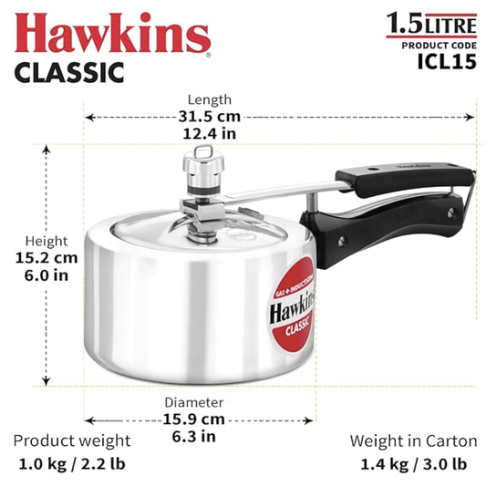 Hawkins 1.5 Litre Classic Pressure Cooker, Induction Inner Lid Cooker, Pan Cooker, Best Cooker, Silver (ICL15) (Aluminium)