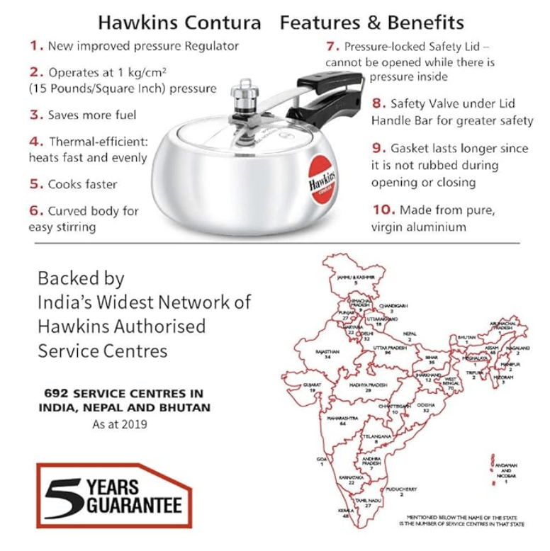 Hawkins Contura Aluminium Inner Lid Pressure Cooker, 2 Litre, Silver (HC20)
