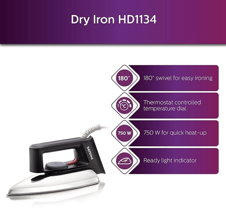 Philips Dry Iron HD1134/28 with 750 Watts Power, linished Soleplate and Temperature Ready Light