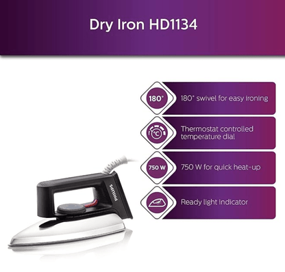 Philips Dry Iron HD1134/28 with 750 Watts Power, linished Soleplate and Temperature Ready Light