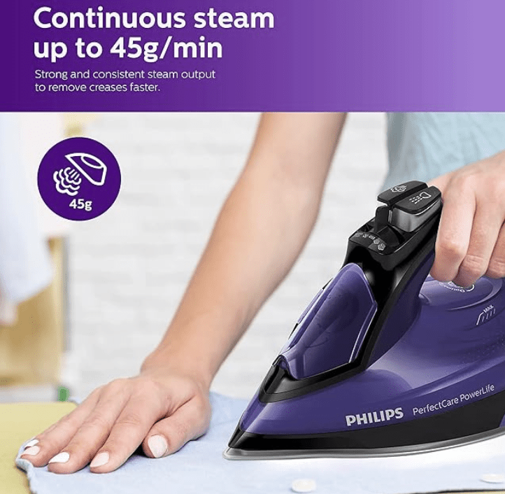 Philips Perfect Care Power Life Steam Iron GC3925/34, 2400W, up to 45 g/min steam Output, OptiTemp Technology, Steam Glide Plus Soleplate, Drip-Stop and Safety Shut-Off with No-Burns Guaranteed