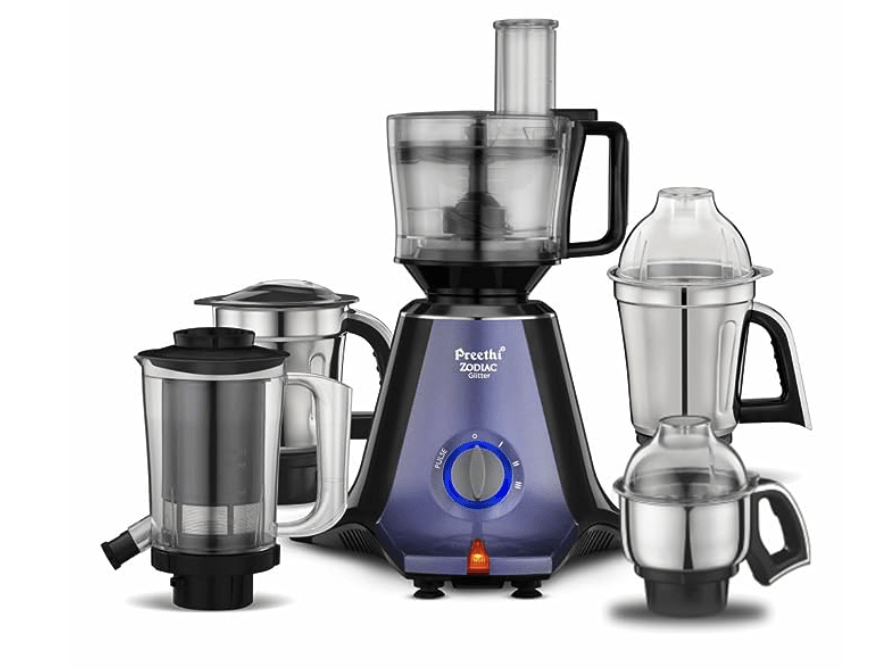 Preethi Zodiac Glitter Mixer Grinder+Food processor I 750 Watt I 2yr Guarantee & Lifelong Free Service I 5 Jars (3 Stainless steel Jars +1 Juicer Jar+1 Master Chef Plus Food processor Jar)-MG 264