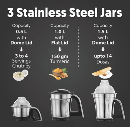 Preethi Zodiac Glitter MG 264, 750 Watts, 5 Jars including Masterchef Jar, Super Extractor, 5 Yr Motor Warranty & Lifelong Free service, Lavender/Black