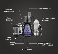 Preethi Zodiac Glitter Mixer Grinder+Food processor I 750 Watt I 2yr Guarantee & Lifelong Free Service I 5 Jars (3 Stainless steel Jars +1 Juicer Jar+1 Master Chef Plus Food processor Jar)-MG 264-2