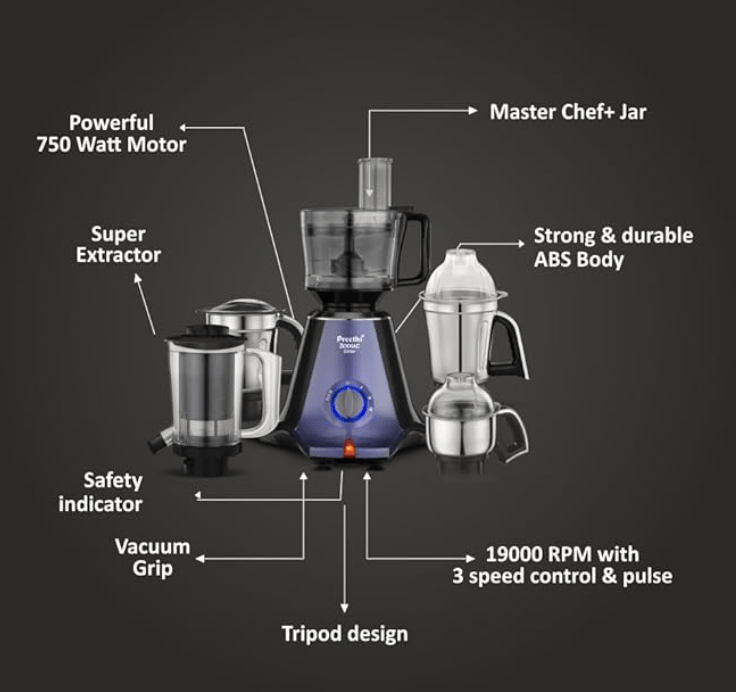 Preethi Zodiac Glitter Mixer Grinder+Food processor I 750 Watt I 2yr Guarantee & Lifelong Free Service I 5 Jars (3 Stainless steel Jars +1 Juicer Jar+1 Master Chef Plus Food processor Jar)-MG 264