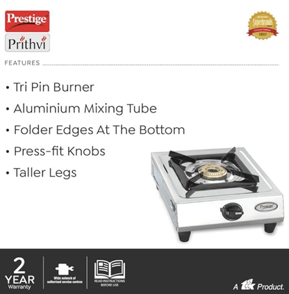 Prestige Gas Stove Prithvi - Single Burner, Silver, Manual Ignition, Stainless Steel