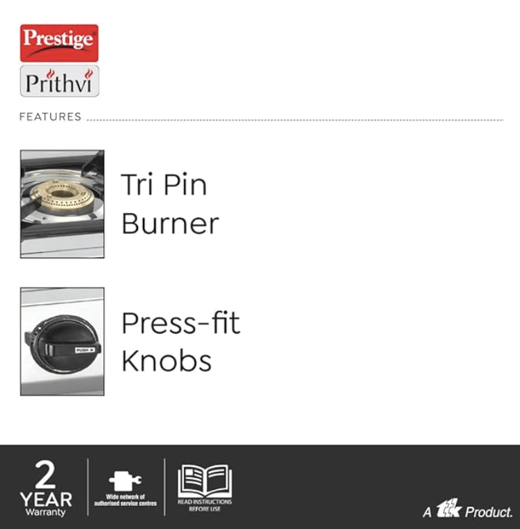 Prestige Gas Stove Prithvi - Single Burner, Silver, Manual Ignition, Stainless Steel