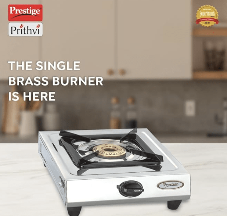 Prestige Gas Stove Prithvi - Single Burner, Silver, Manual Ignition, Stainless Steel