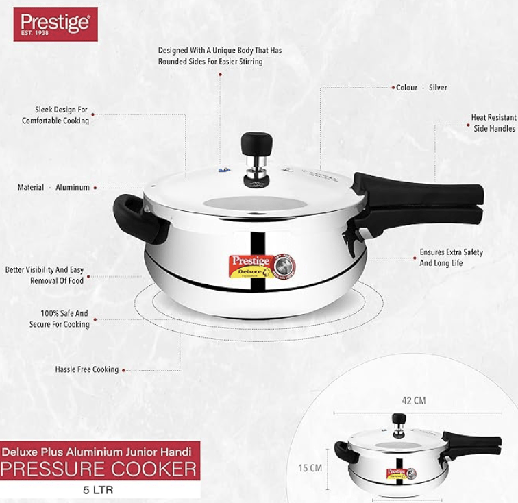Prestige Deluxe Plus Aluminium Outer Lid Mini Pressure Handi, 5 Litre, Silver-2