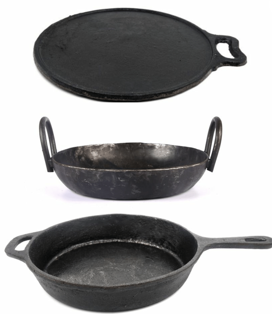 सीज़न्ड कास्ट आयरन स्किलेट, सीज़न्ड कास्ट आयरन डोसा तवा और सीज़न्ड आयरन फ्लैट कढ़ाई कॉम्बो