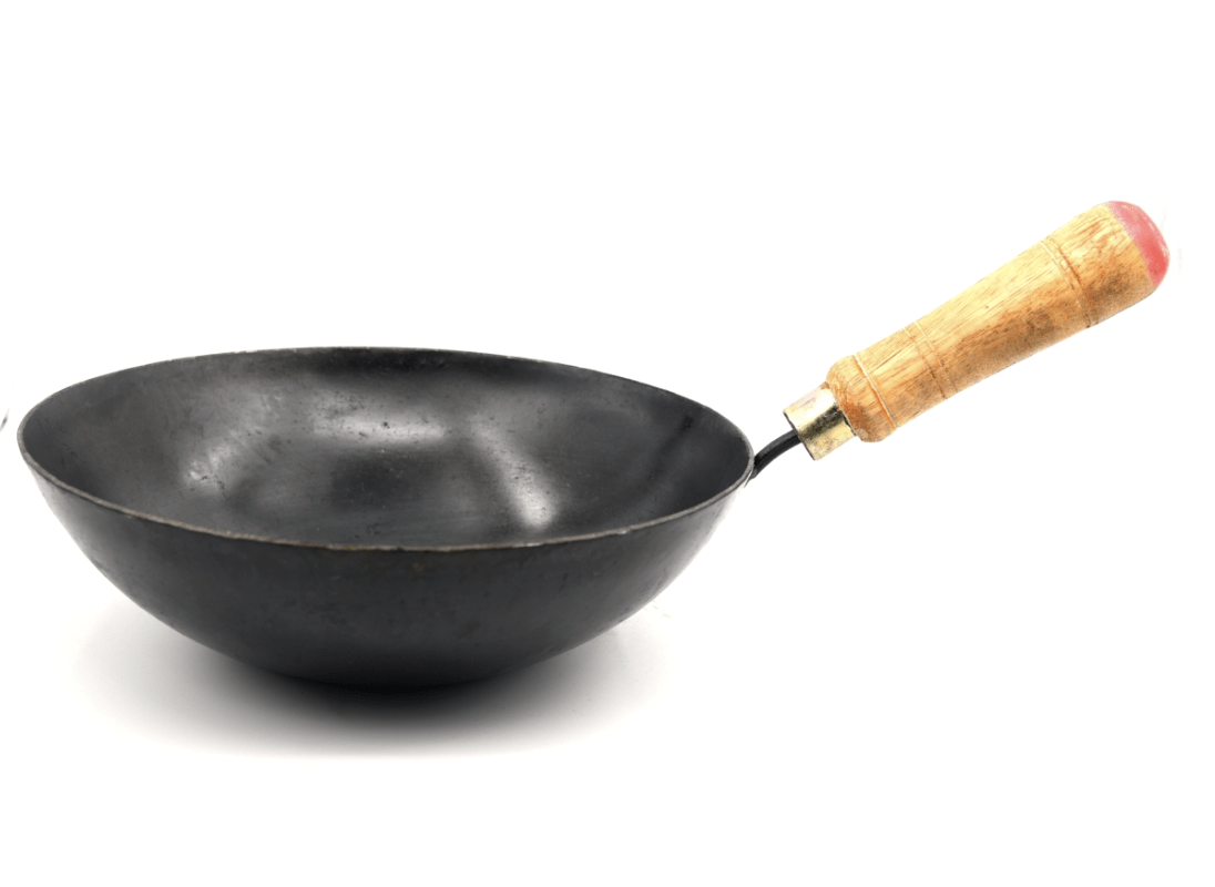 SEASONED IRON FLAT BOTTOM WOK WITH WOODEN HANDLE