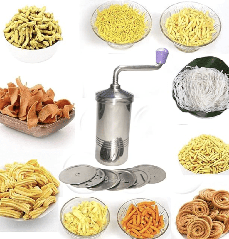 स्टील इडियप्पम मेकर प्रेस मेकर सेव सांचा मेकर सेवई नाज़ी मुरुक्कू गठिया नूल पुट्टू चकली मेकर 6 अलग-अलग जाली के साथ 