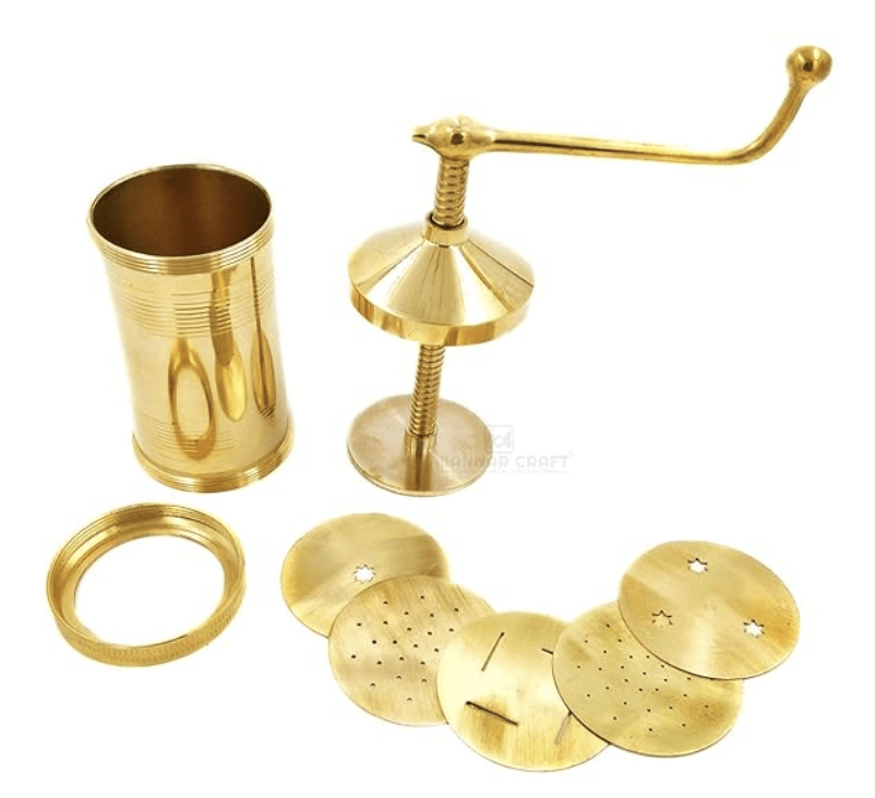 ப்ராஸ் இந்தியன் மேட் செவனாழி சக்கிலி பிரஸ்/சஞ்சா/முறுக்கு/கத்தியா/ஜாந்திகுலு/இடியாப்பம் மேக்கர் மெஷின் இலவச 6 வெவ்வேறு ஜாலிகள் 