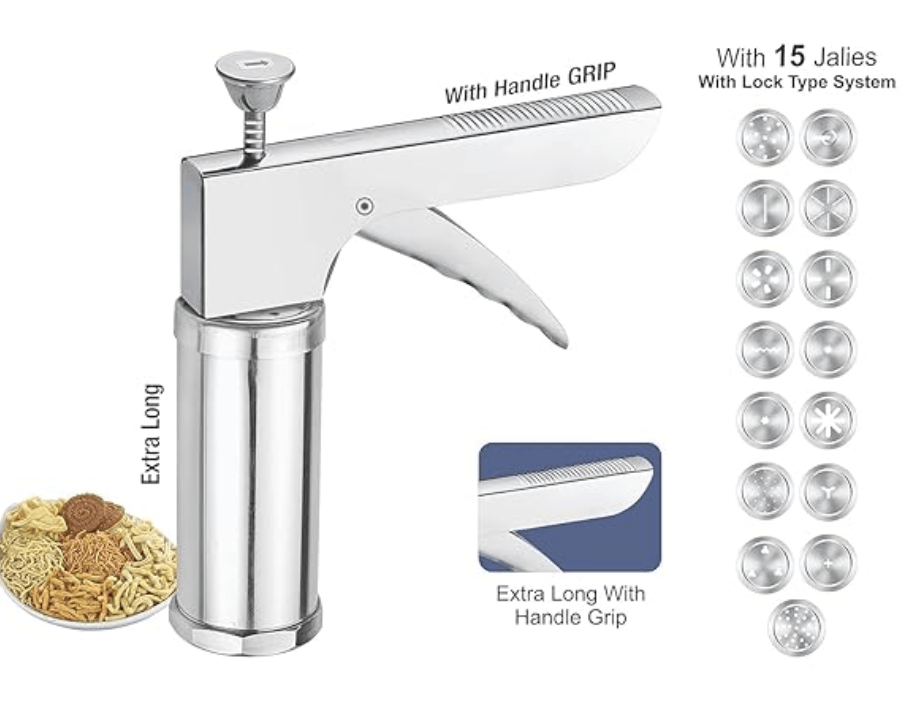 Ritu Stainless Steel Kitchen Press with Different Types of Jalies, Murukku Maker/Bhujiya Maker/Noodles/Cookies/Namkeen/Chakali Maker/Sev Maker/Farsan Maker/Gathiya Maker-5