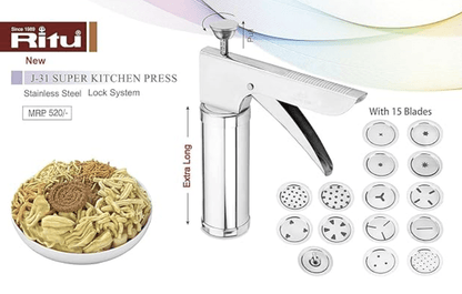 Ritu Stainless Steel Kitchen Press with Different Types of Jalies, Murukku Maker/Bhujiya Maker/Noodles/Cookies/Namkeen/Chakali Maker/Sev Maker/Farsan Maker/Gathiya Maker