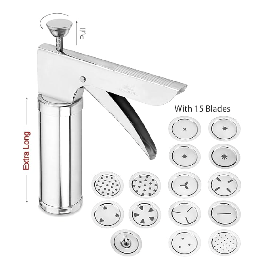 Ritu Stainless Steel Kitchen Press with Different Types of Jalies, Murukku Maker/Bhujiya Maker/Noodles/Cookies/Namkeen/Chakali Maker/Sev Maker/Farsan Maker/Gathiya Maker