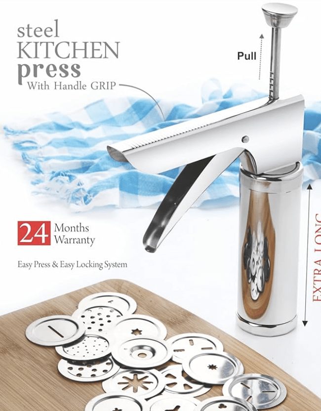 Ritu Stainless Steel Kitchen Press with Different Types of Jalies, Murukku Maker/Bhujiya Maker/Noodles/Cookies/Namkeen/Chakali Maker/Sev Maker/Farsan Maker/Gathiya Maker