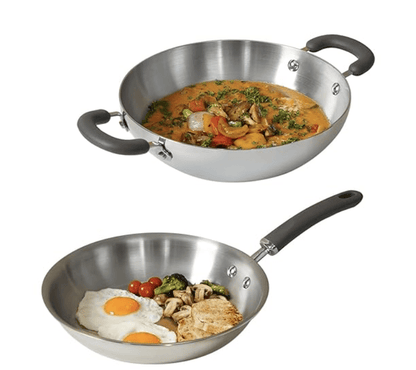 Meyer Trivantage Nickel Free Stainless Steel 3 Piece Cookware Set | Triply Cookware Set with Heavy Bottom | Induction base cookware set - 26cm Frying Pan + Kadai with Interchangeable Lid, Silver