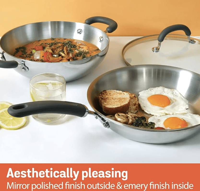 Meyer Trivantage Nickel Free Stainless Steel 3 Piece Cookware Set | Triply Cookware Set with Heavy Bottom | Induction base cookware set - 26cm Frying Pan + Kadai with Interchangeable Lid, Silver