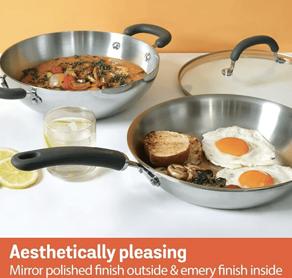 Meyer Trivantage Nickel Free Stainless Steel 3 Piece Cookware Set | Triply Cookware Set with Heavy Bottom | Induction base cookware set - 26cm Frying Pan + Kadai with Interchangeable Lid, Silver