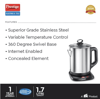 Prestige Smart-1.7 IOT Enabled Electric Kettle with Concealed Element 1.7L, 1500W, Silver Variable Temperature Control Through WiFi
