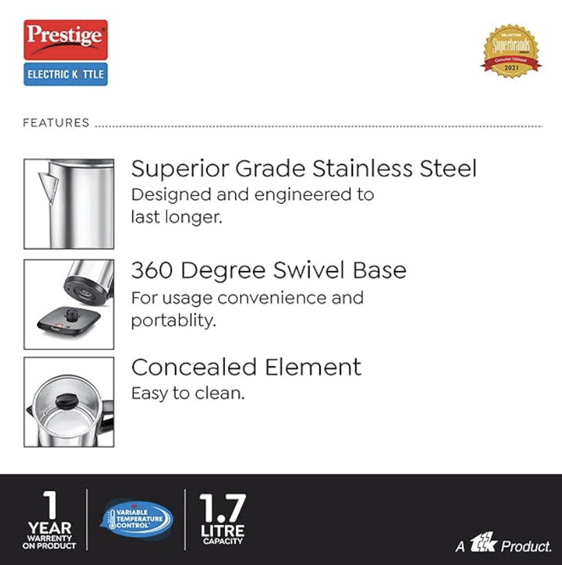 Prestige Smart-1.7 IOT Enabled Electric Kettle with Concealed Element 1.7L, 1500W, Silver Variable Temperature Control Through WiFi