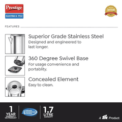 Prestige Smart-1.7 IOT Enabled Electric Kettle with Concealed Element 1.7L, 1500W, Silver Variable Temperature Control Through WiFi-3