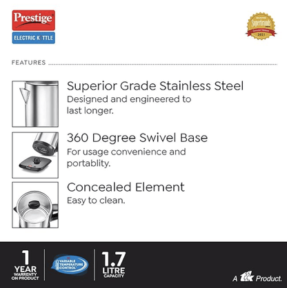 Prestige Smart-1.7 IOT Enabled Electric Kettle with Concealed Element 1.7L, 1500W, Silver Variable Temperature Control Through WiFi