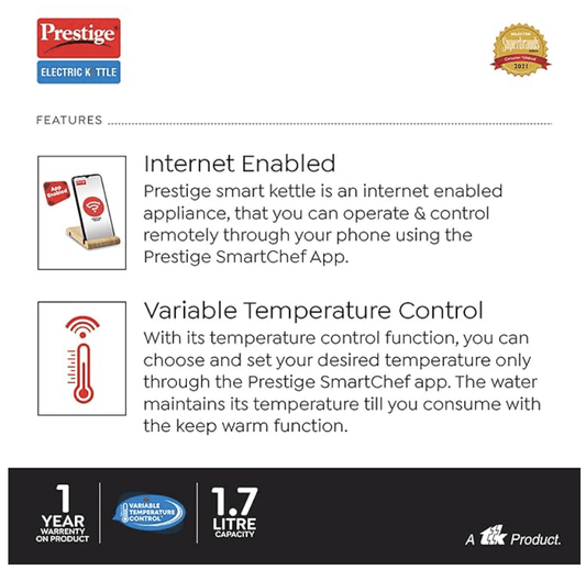 Prestige Smart-1.7 IOT Enabled Electric Kettle with Concealed Element 1.7L, 1500W, Silver Variable Temperature Control Through WiFi