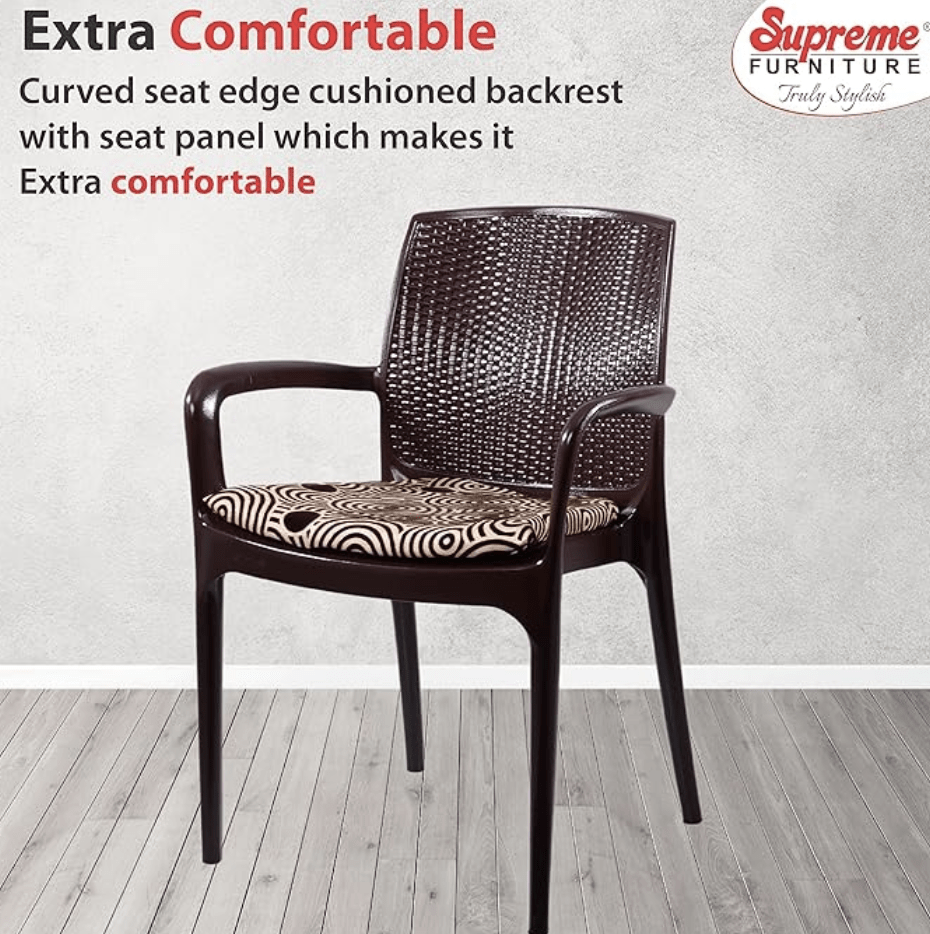 सुप्रीम फर्नीचर टेक्सास डीलक्स प्लास्टिक कुशन चेयर आर्म के साथ घर, गार्डन, ऑफिस, लिविंग रूम, कैफेटेरिया, रेस्टोरेंट, होटल, रिसॉर्ट, इनडोर और आउटडोर के लिए उपयुक्त (4 का सेट, जॉर्डन ब्राउन/ब्राउन सर्कल) 