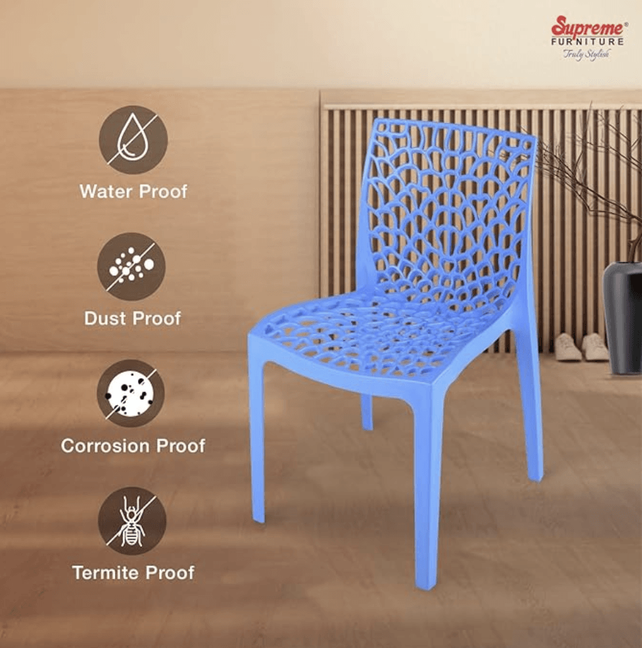 Supreme Web Plastic Chairs for Home, Outdoor &amp; Garden (Set of 4, Soft Blue)