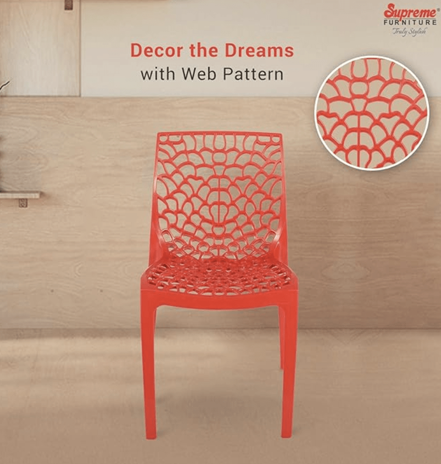 Supreme Web Plastic Chairs for Home, Outdoor &amp; Garden (Set of 4, Coke Red)