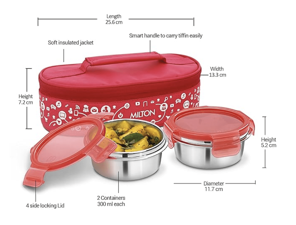 Milton Lifestyle Lunch Stainless Steel Lunch Box, Set of 2, (300 ml Each), Red | Light Weight | Easy to Carry | Leak Proof | Food Grade | Odour Proof
