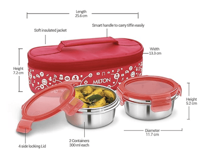 Milton Lifestyle Lunch Stainless Steel Lunch Box, Set of 2, (300 ml Each), Red | Light Weight | Easy to Carry | Leak Proof | Food Grade | Odour Proof