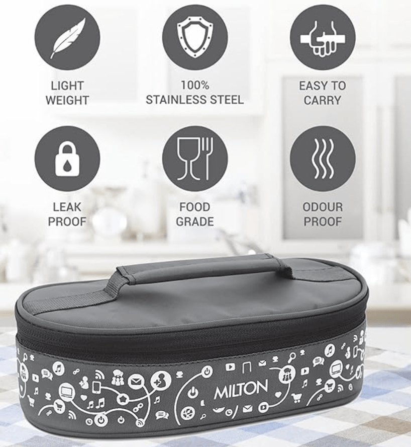 Milton Lifestyle Lunch Stainless Steel Lunch Box, Set of 2, (300 ml Each), Grey | Light Weight | Easy to Carry | Leak Proof | Food Grade | Odour Proof