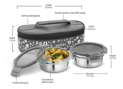 Milton Lifestyle Lunch Stainless Steel Lunch Box, Set of 2, (300 ml Each), Grey | Light Weight | Easy to Carry | Leak Proof | Food Grade | Odour Proof