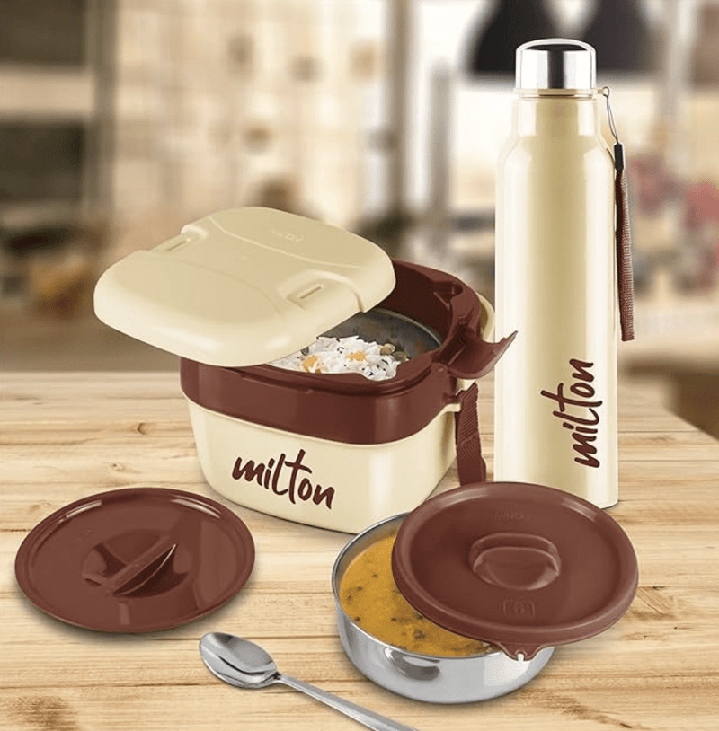 Milton Cube Lunchmate (Steel Fit Insulated Water Bottle, 630 ml & Cubic Big Tiffin, 1.1 Litre)-1