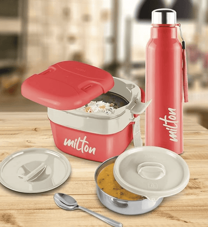 Milton Cube Lunchmate (Steel Fit Insulated Water Bottle, 630 ml & Cubic Big Tiffin, 1.1 Litre)